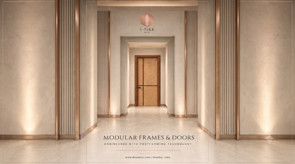 Minimal luxury architectural corridor with flush doors and seamless postformed frames